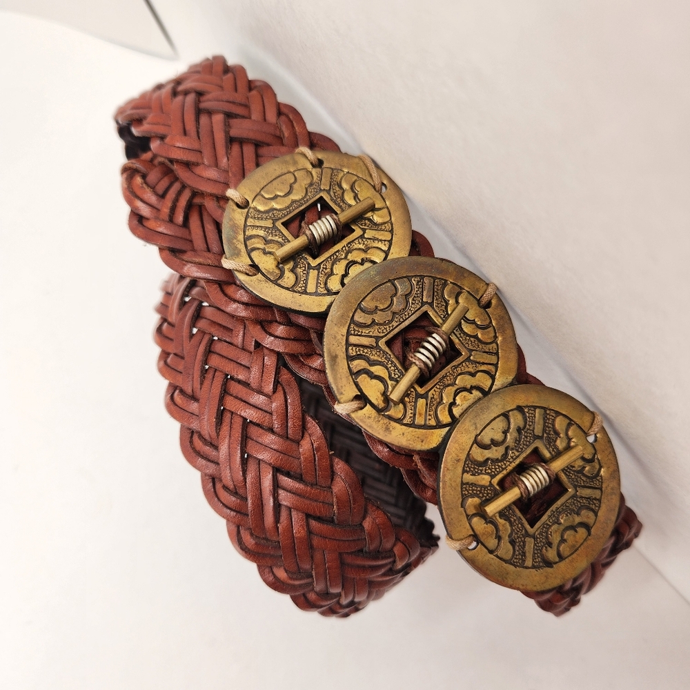Handmade belt women's 32 brown leather woven concho southwestern folk art ethnic